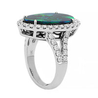 18K White Gold Pear Shaped Lightning Ridge Opal and Diamond Halo Ring