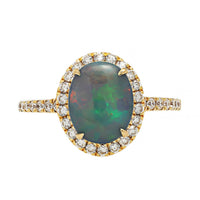 18K Yellow Gold Oval Lightning Ridge Opal and Diamond Halo Ring