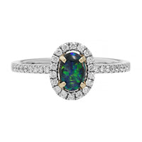 18K White Gold Oval Lightning Ridge Opal and Diamond Halo Ring