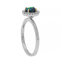 18K White Gold Oval Lightning Ridge Opal and Diamond Halo Ring