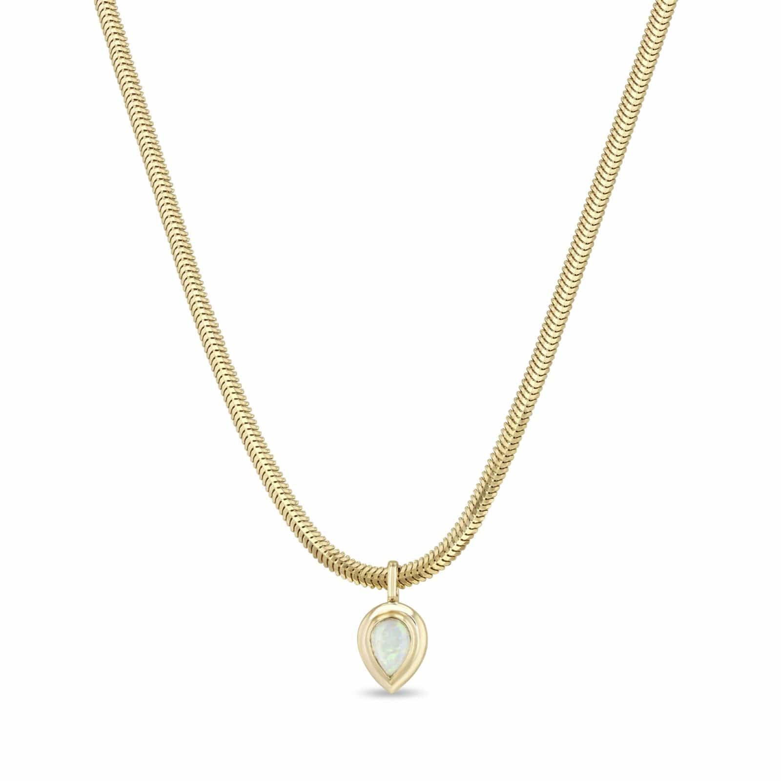14K Yellow Gold Small Snake Chain Pear Opal Pendant Necklace