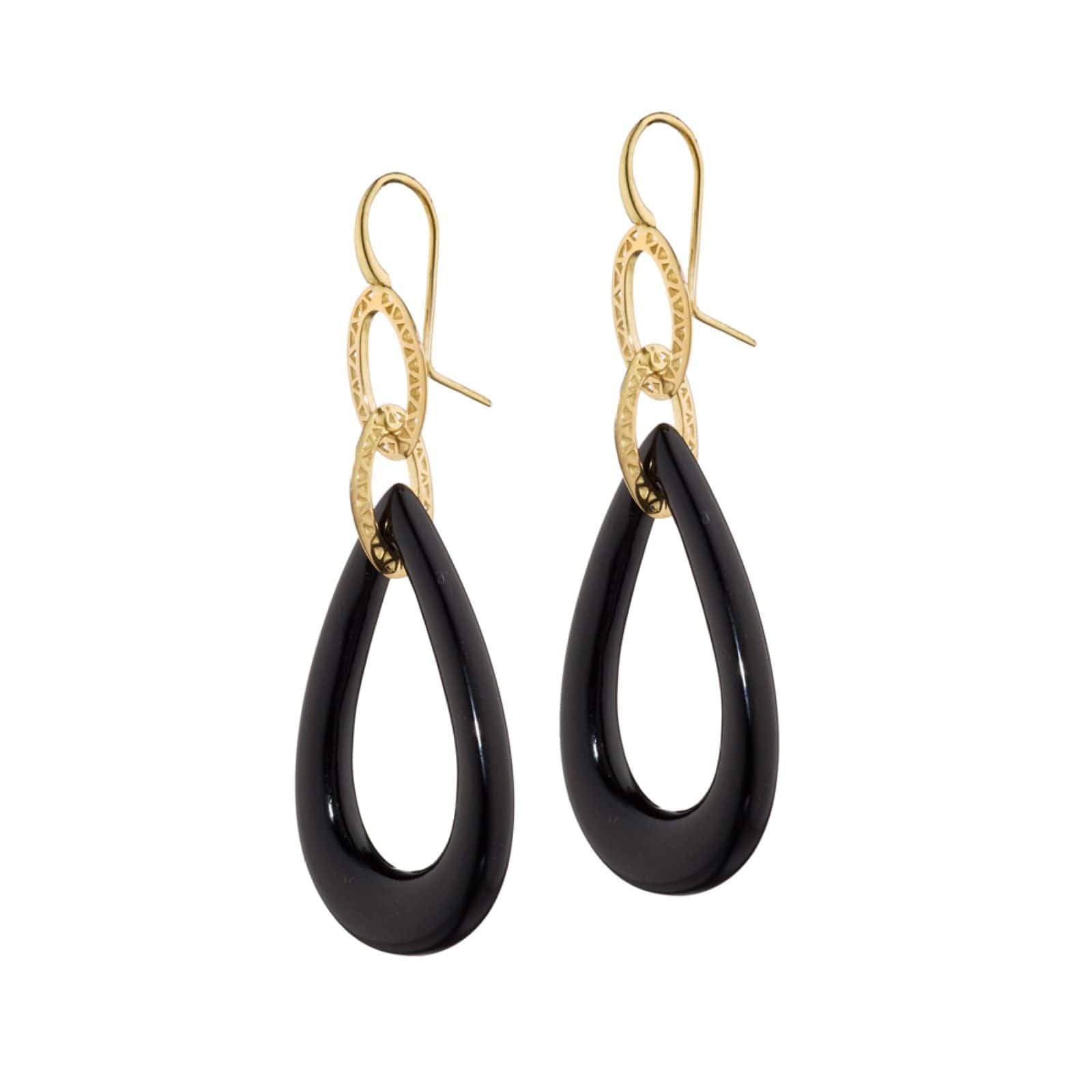 18K Yellow Gold Pear Shaped Black Onyx Crownwork Link Earrings