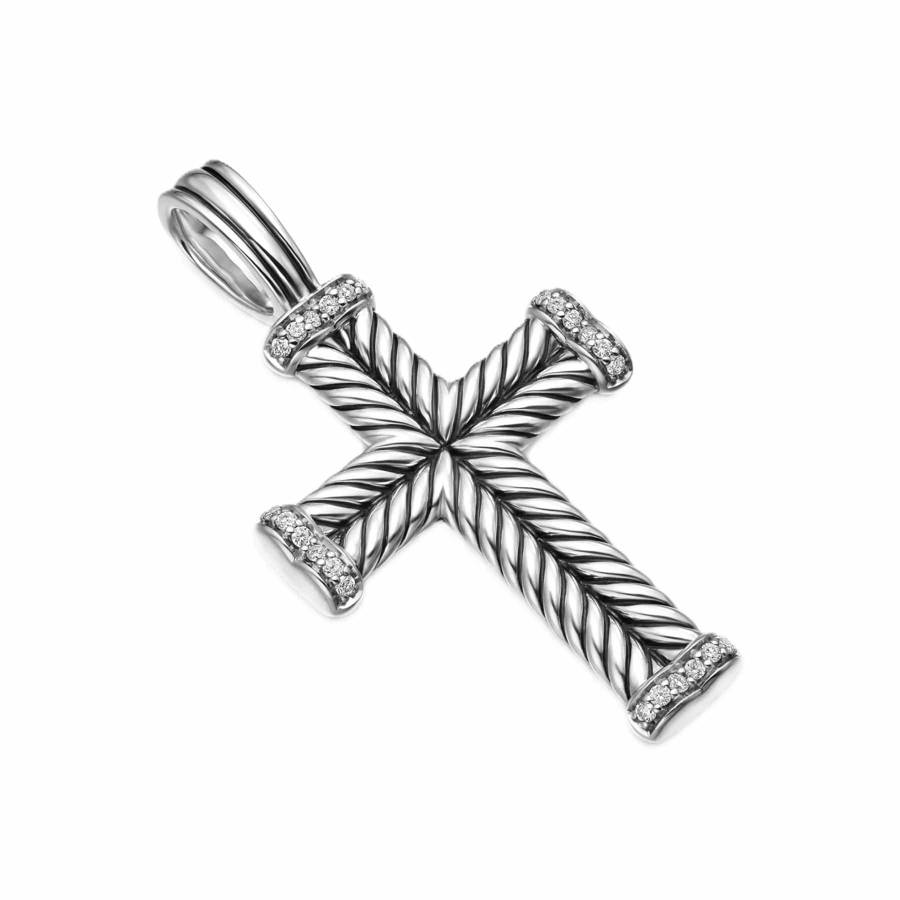 Chevron Cross Pendant Sterling Silver with Diamonds, 33mm