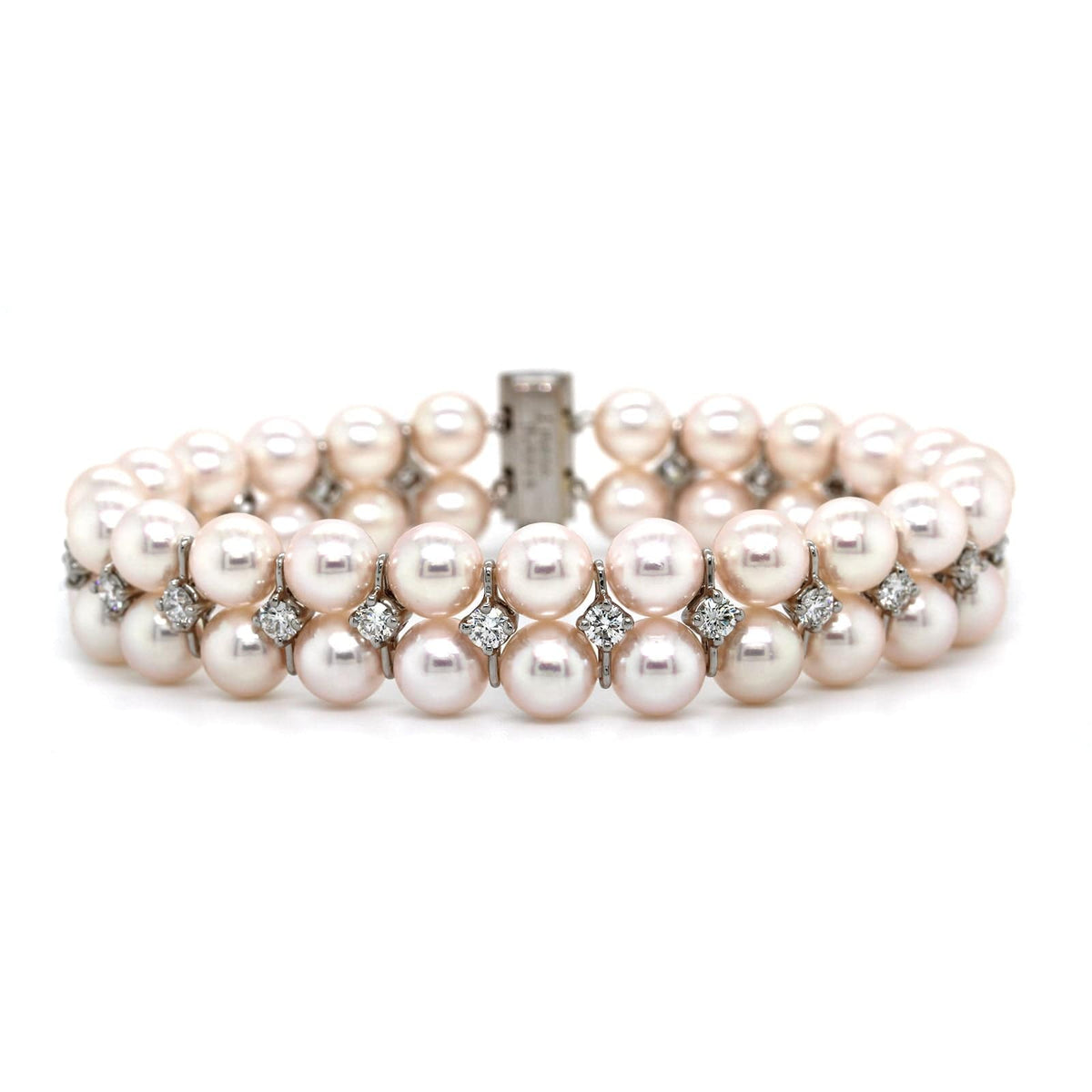 Platinum Double Row Akoya Pearl and Diamond Bracelet