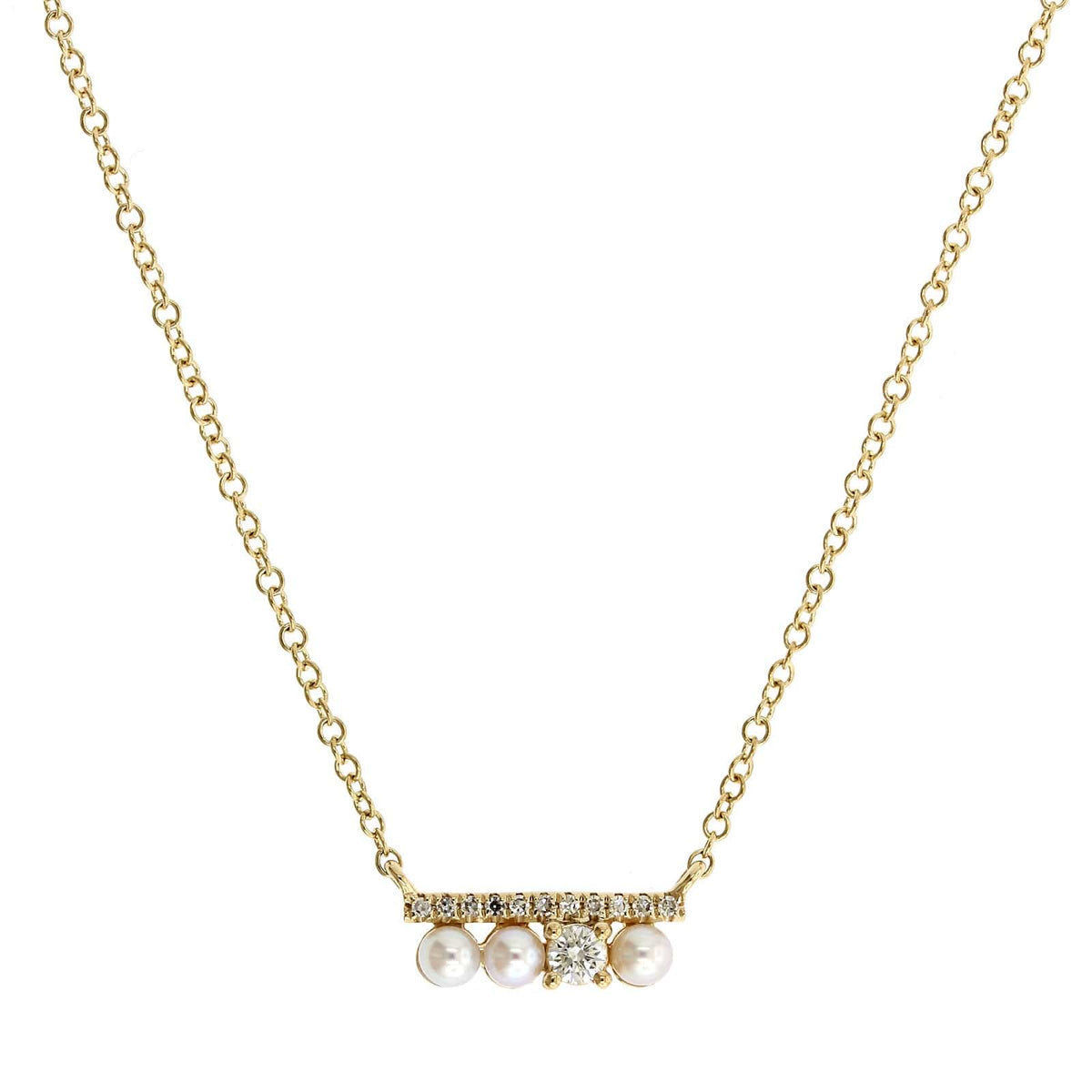 14K Yellow Gold Pave Diamond & Pearl Bar Necklace
