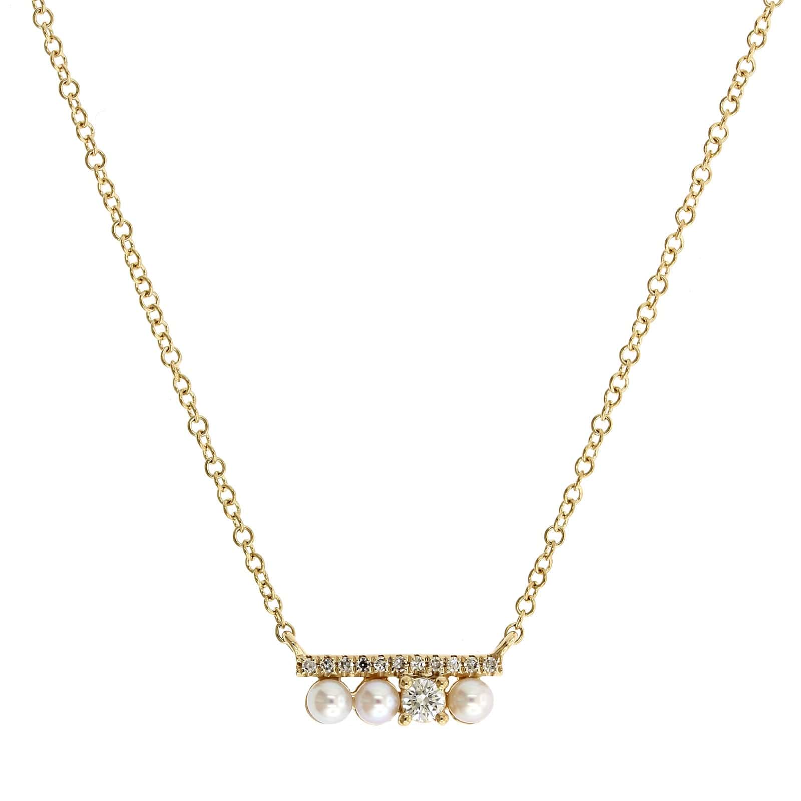 14K Yellow Gold Pave Diamond & Pearl Bar Necklace