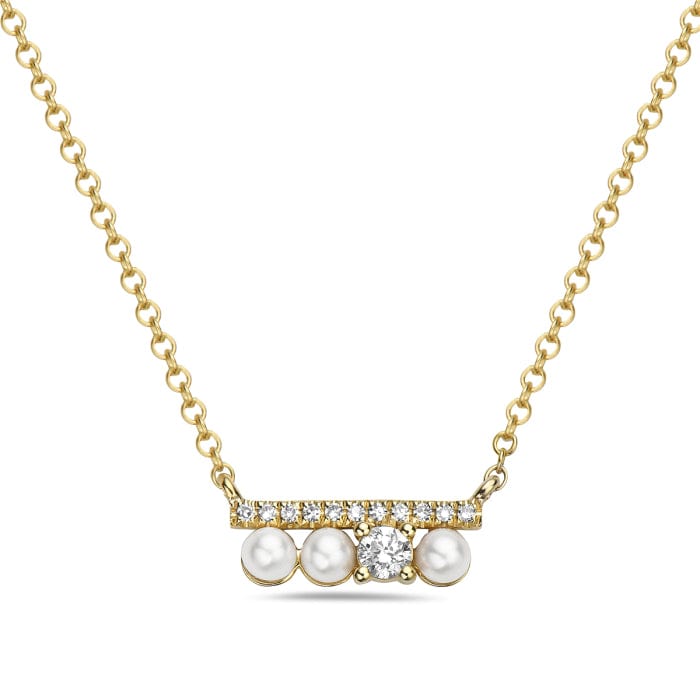14K Yellow Gold Pave Diamond & Pearl Bar Necklace