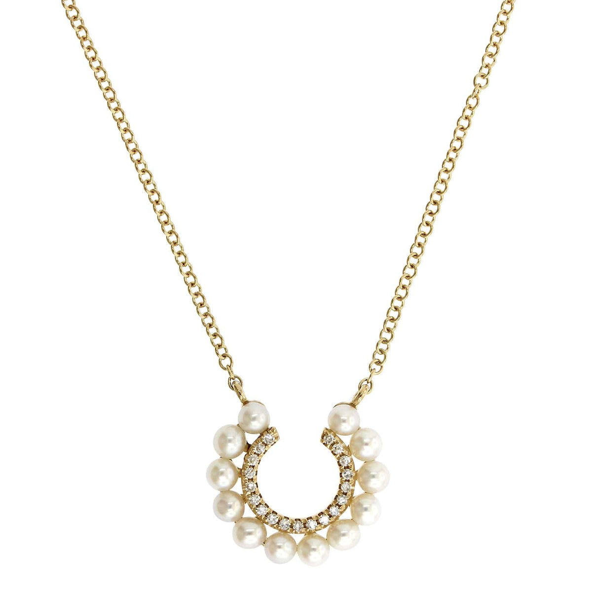 14K Yellow Gold Open Circle Diamond & Pearl Necklace