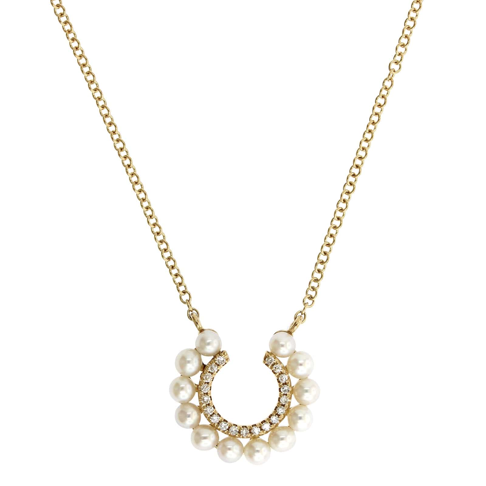 14K Yellow Gold Open Circle Diamond & Pearl Necklace