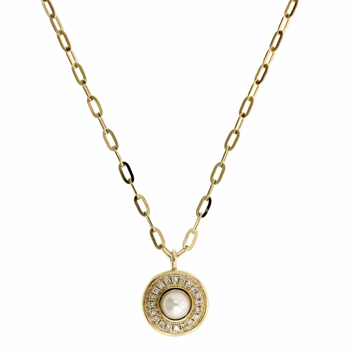 14K Yellow Gold Pearl & Diamond Halo Necklace