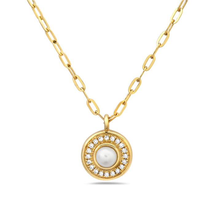 14K Yellow Gold Pearl & Diamond Halo Necklace