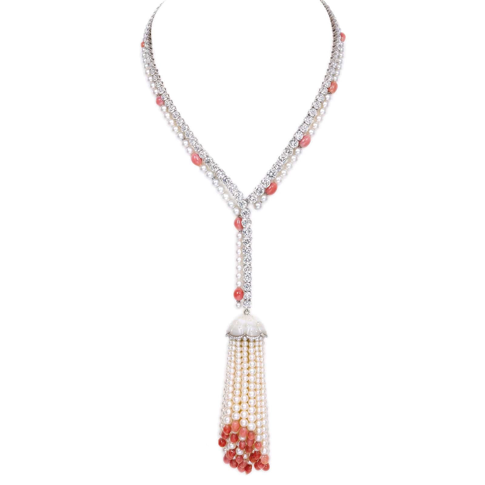 18K White Gold Pearl and Diamond Tassel Necklace