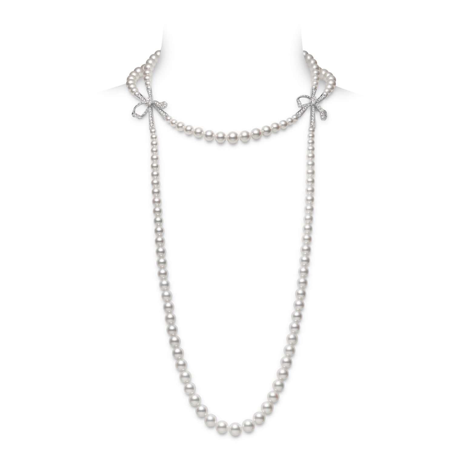 Mikimoto 18K White Gold Double Strand Pearl and Diamond Necklace
