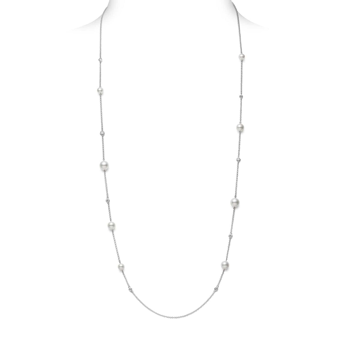 18K White Gold Akoya Cultured Pearl and Diamond Station Necklace