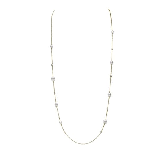 18K Yellow Gold Akoya Cultured Pearl and Diamond Station Collection Necklace