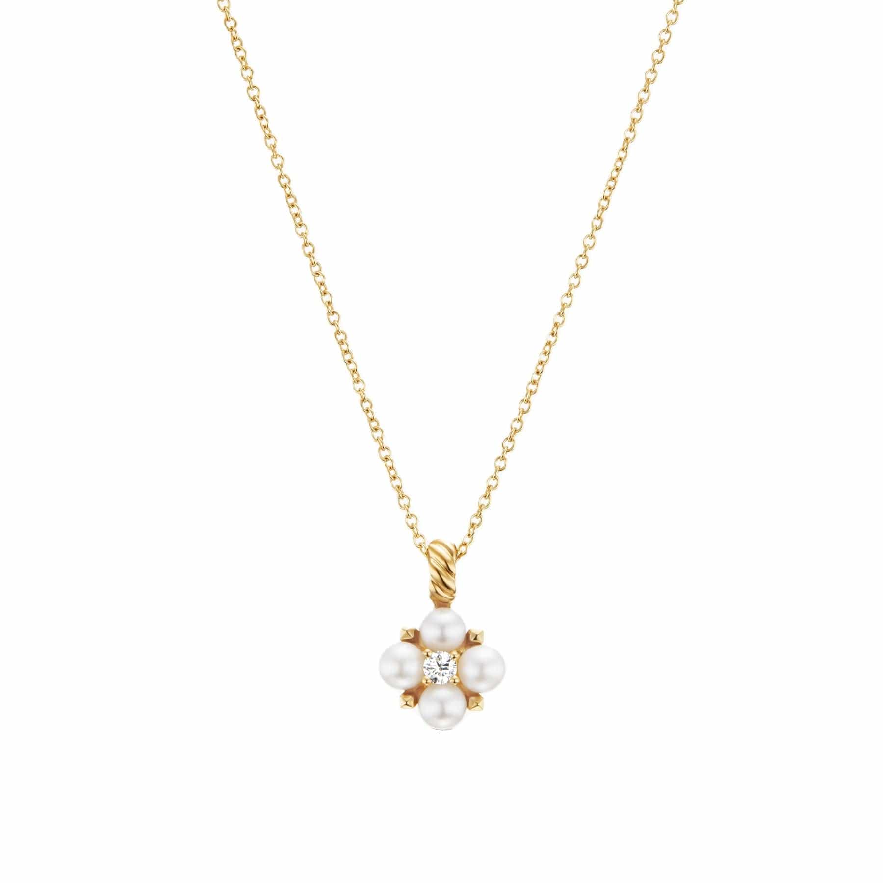 Petite Modern Renaissance Pearl Pendant Necklace 18K Yellow Gold with Pearls and Center Diamond, 7.3mm