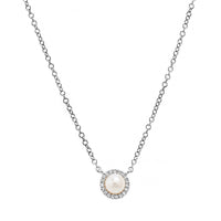 14K White Gold Round Pearl and Diamond Halo Pendant Necklace