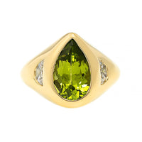 18K Yellow Gold Bezel Set Pear Shaped Peridot and Diamond Ring