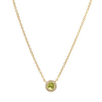 14K Yellow Gold Round Peridot and Diamond Halo Pendant Necklace