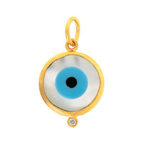 24K Yellow Gold Mother Of Pearl and Diamond Evil Eye Charm