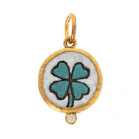 24K Yellow Gold White Quartz and Diamond Green Clover Charm