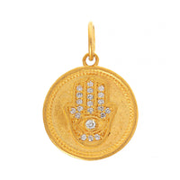 24K Yellow Gold Diamond Round Evil Eye Hamsa Charm