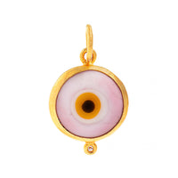 24K Yellow Gold Pink Mother Of Pearl and Diamond Evil Eye Charm