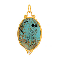 24K Yellow Gold Oval Turquoise and Diamond Athena's Owl Charm