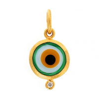 24K Yellow Gold Green Glass and Diamond Evil Eye Charm