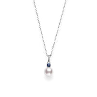 Mikimoto 18K White Gold Akoya Cultured Single Pearl Pendant Necklace with Sapphire Stone