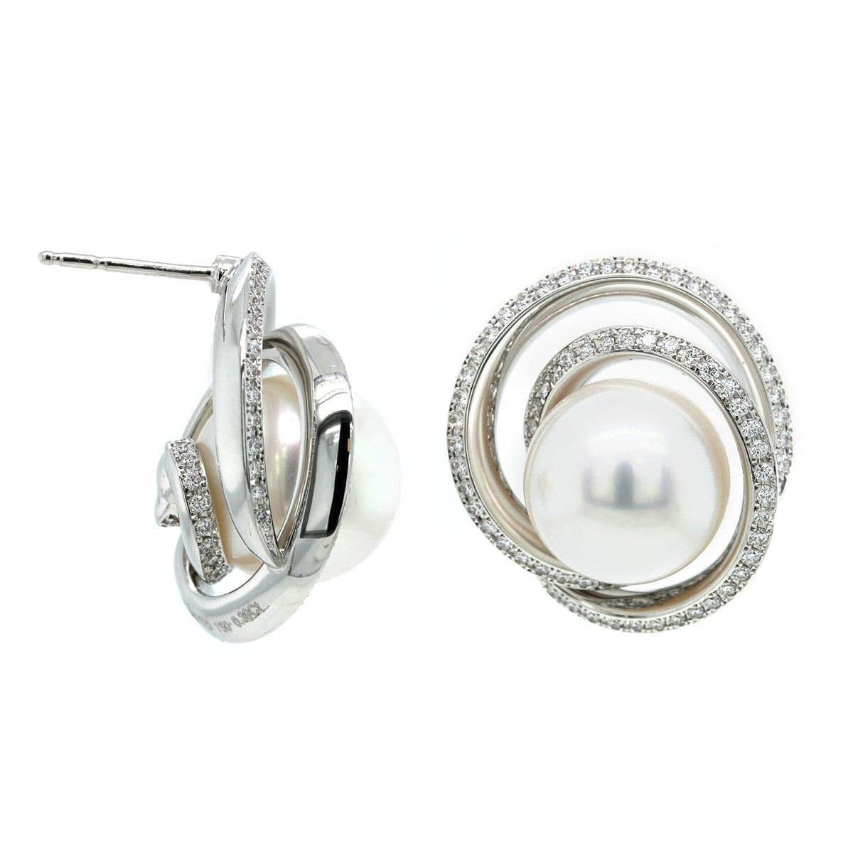 Mikimoto 18K White Gold White south Sea Pearl Diamond Swirl Earrings