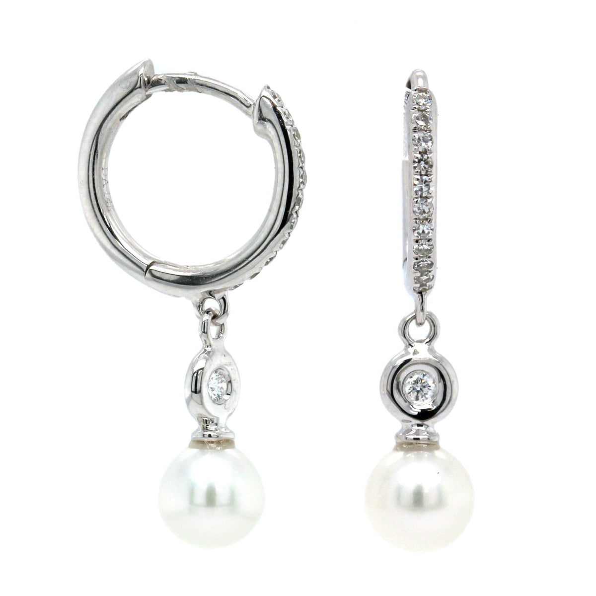 14K White Gold Pave Diamond & Pearl Drop Huggie Earrings