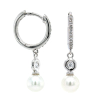 14K White Gold Pave Diamond & Pearl Drop Huggie Earrings