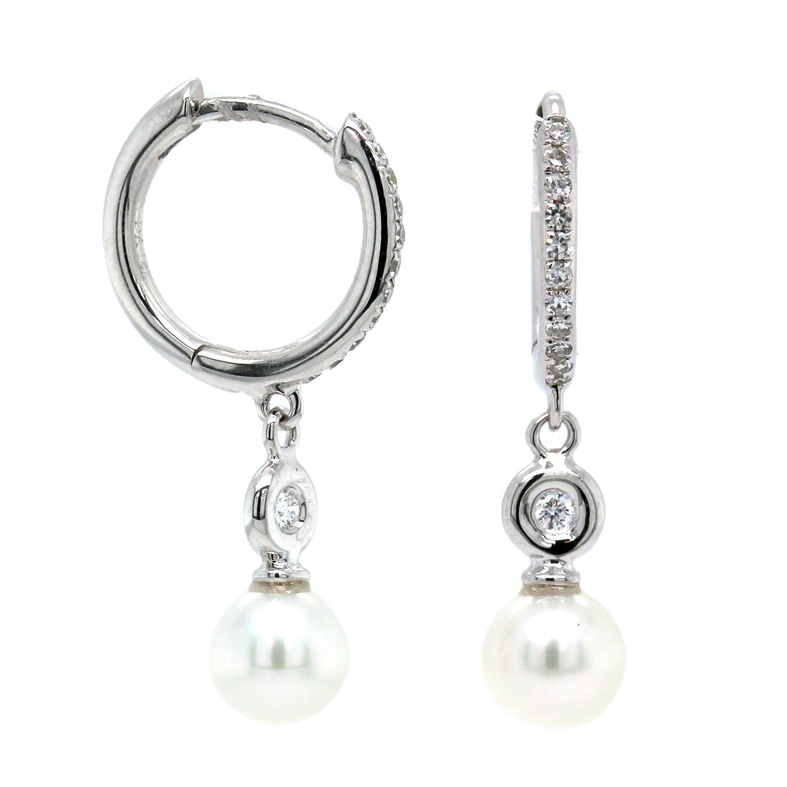 14K White Gold Pave Diamond & Pearl Drop Huggie Earrings