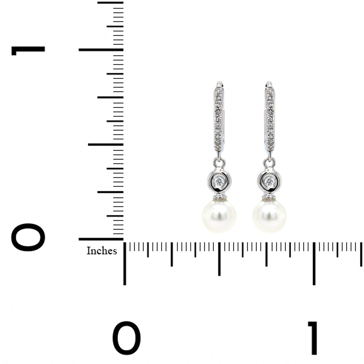 14K White Gold Pave Diamond & Pearl Drop Huggie Earrings