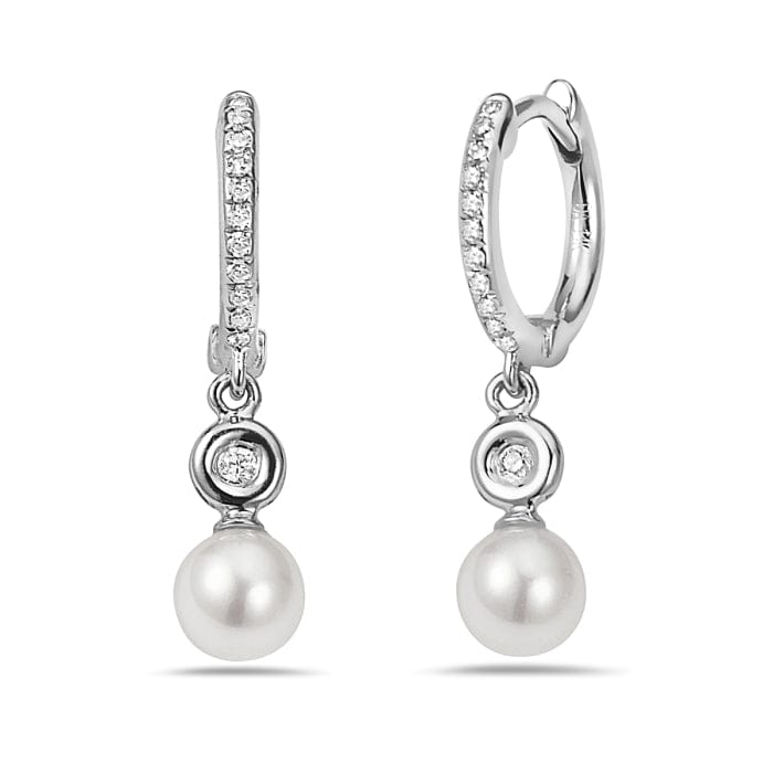 14K White Gold Pave Diamond & Pearl Drop Huggie Earrings