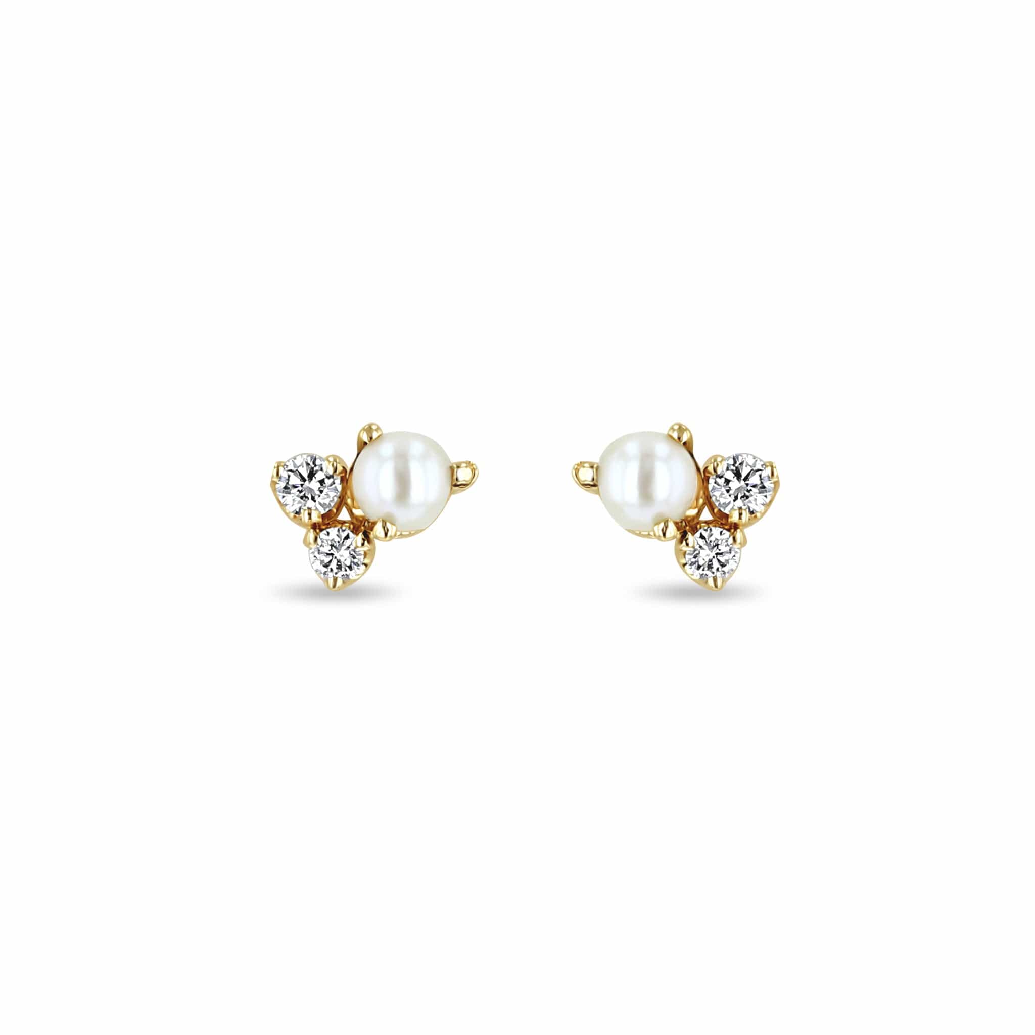 14K Yellow Gold Pearl and Diamond Cluster Stud Earrings