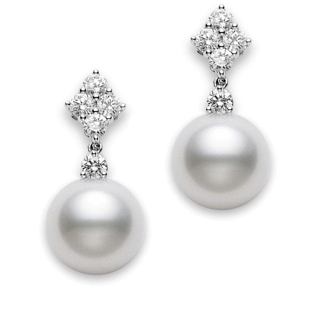 18K White Gold White South Sea Cultured Pearl Drop Diamond Earrings