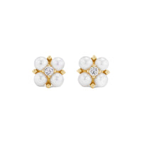 Petite Modern Renaissance Pearl Stud Earrings 18K Yellow Gold with Pearls and Diamonds, 7.8mm
