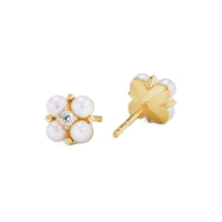 Petite Modern Renaissance Pearl Stud Earrings 18K Yellow Gold with Pearls and Diamonds, 7.8mm