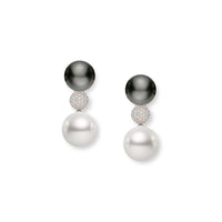 Mikimoto 18K White Gold Black, White South Sea Pearl, and Diamond Drop Earrings