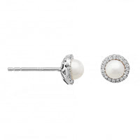 14K White Gold Pearl and Diamond Halo Stud Earrings