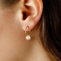 14K Yellow Gold Pearl Small Pearl Drop Hoop Earrings