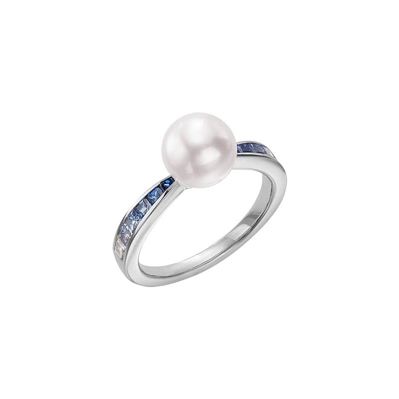 Mikimoto 18K White Gold Akoya Pearl and Blue Sapphire Ring