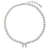 Mikimoto 18K White Gold Akoya Pearl and Diamond Bow Necklace