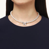 Mikimoto 18K White Gold Akoya Pearl and Diamond Bow Necklace