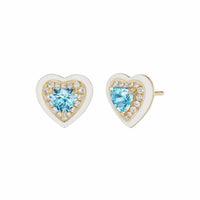 Emily P. Wheeler 18K Yellow Gold Aquamarine White Enamel Heart Stud Earrings