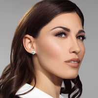 18K Yellow Gold Aquamarine White Enamel Heart Stud Earrings
