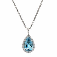 Platinum Pear Shape Aquamarine Diamond Halo Pendant Necklace