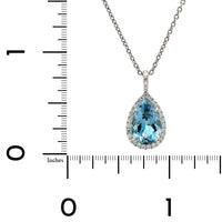 Platinum Pear Shape Aquamarine Diamond Halo Pendant Necklace